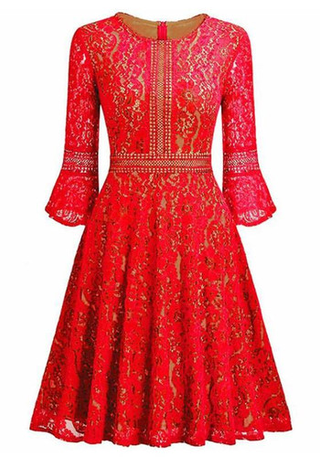 Red Patchwork Lace Draped Round Neck Long Sleeve Midi Dress