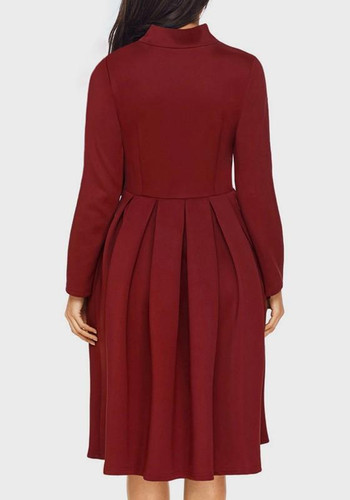 Red Draped Band Collar Round Neck Long Sleeve Midi Dress