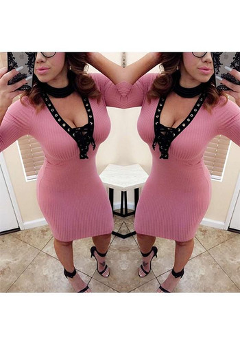 Pink Drawstring Irregular V-neck Long Sleeve Fashion Midi Dress