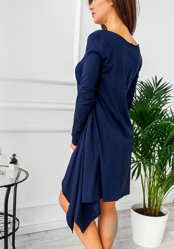 Navy Blue Irregular Round Neck Long Sleeve Casual Mini Dress