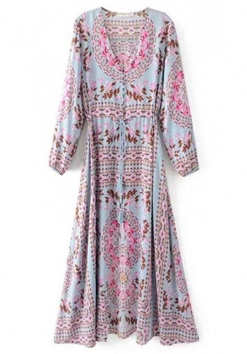 Light Blue Floral V-neck Long Sleeve Bohemian Maxi Dress