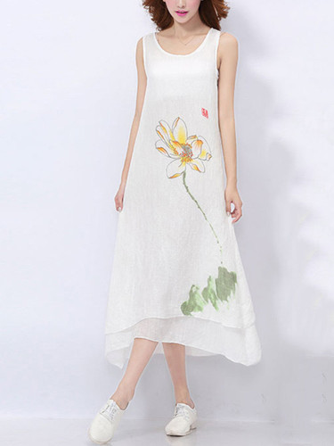 Casual Round Neck Asymmetric Hem Printed Sleeveless Maxi Dress