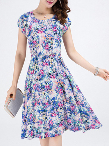 Casual Pocket Round Neck Skater Dress In Tiny Floral Printed