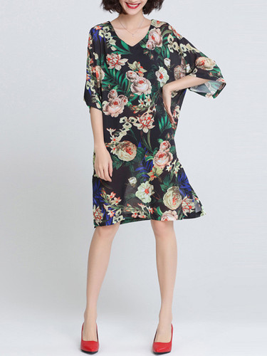 Casual Oversized V-Neck Floral Printed Chiffon Shift Dress