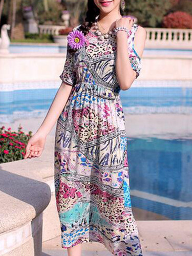 Casual Open Shoulder Elastic Waist Animal Printed Chiffon Skater Dress