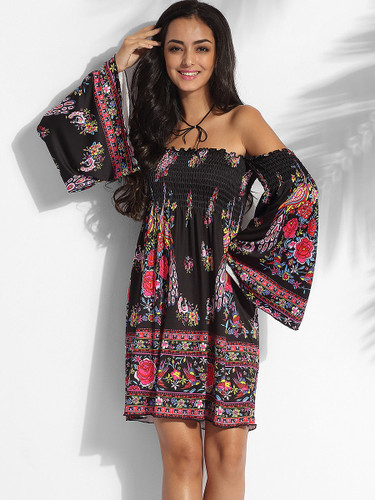 Casual Off Shoulder Cotton Assorted Colors Floral Printed Shift-dress