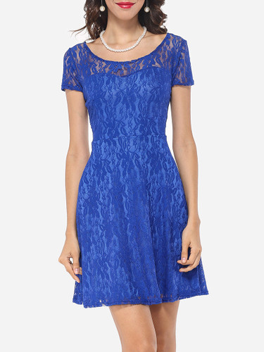 Casual Lace Patchwork Plain Charming Elegant Round Neck Skater Dress