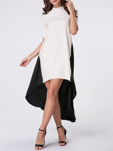 Casual High Neck Color Block High-Low Maxi Dress