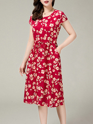Casual Floral Printed Drawstring Pocket Midi Skater Dress