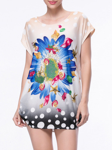 Casual Floral Polka Dot Shell Printed Round Neck Shift Dress