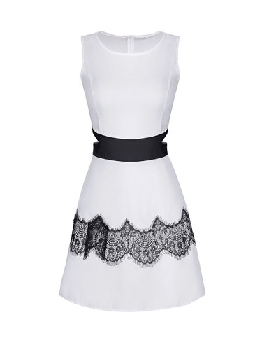 Casual Cutout Decorative Lace Round Neck Skater Dress
