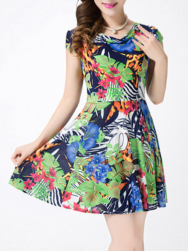 Casual Cowl Neck Tropical Printed Skater Dress