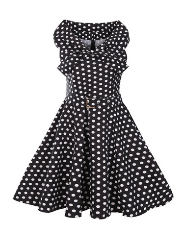 Casual Classic Black White V-Neck Polka Dot Skater Dress