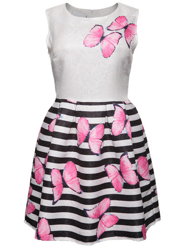 Casual Butterfly Printed Striped Round Neck Skater Dress