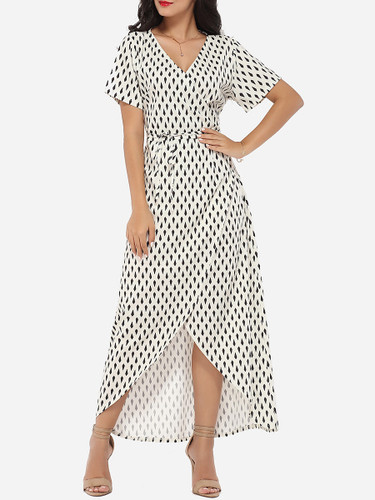 Casual Asymmetrical Hems V Neck Dacron Printed Maxi Dress