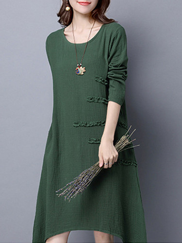Casual Asymmetric Hem Ruffle Trim Pocket Plain Maxi Dress