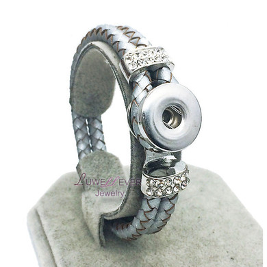 Genuine Braided Silver Leather 18mm Snap Button Rhinestone Bracelet Snap Button Jewelry Unisex