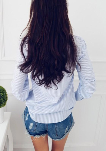 New Light Blue Striped Ruffle Buttons Round Neck Long Sleeve Fashion Blouse