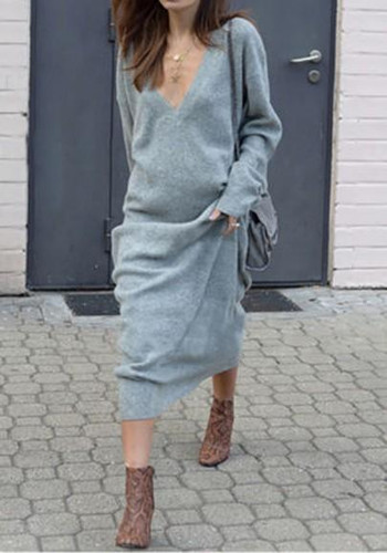 Grey Draped V-neck Long Sleeve Fashion Sweater Maxi Dress