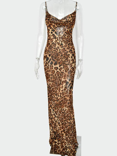Leopard Print Spaghetti Strap Sexy Dress Women Autumn Sleeveless V-Neck Loose Mini Bodycon Dress Backless Casual Dress