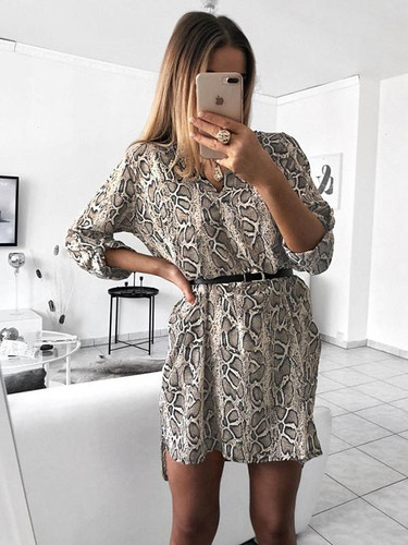 V-neck Long Sleeves Printed Shirt Mini Dresses