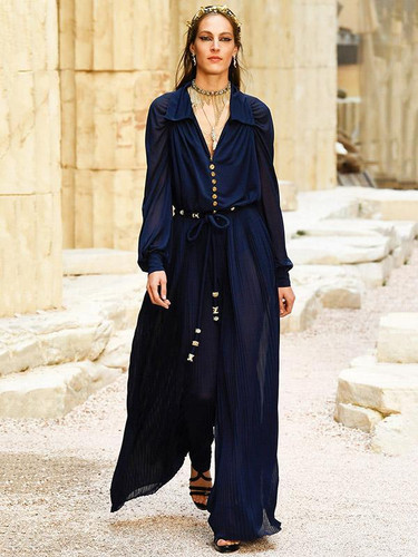 Long Sleeves V-neck Belted Maxi Dress