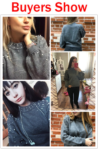 Women Sweaters And Pullovers Bead Lantern Sleeve Knitted Sweater Pullover