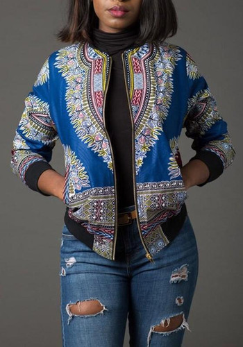 New Light Blue Floral Zipper Pockets Band Collar Long Sleeve African Fashion Coat