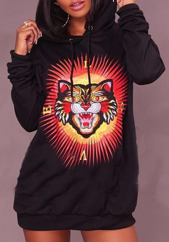 New Black Animal Print Drawstring Long Sleeve Hooded Pullover Sweatshirt