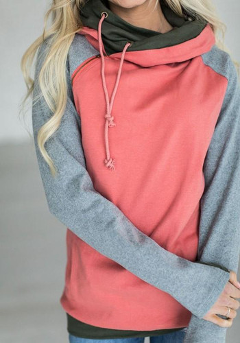 New Red Patchwork Drawstring Hooded Long Sleeve Casual Pullover Sweatshirt