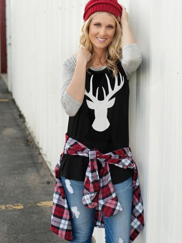 New Grey-Black Patchwork Elk Pattern Long Sleeve Christmas Casual T-Shirt