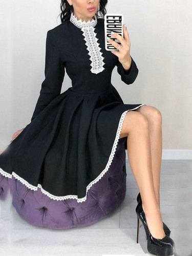 New Black Patchwork Lace Pleated Tutu Long Sleeve Homecoming Party Midi Dress New Black Patchwork Lace Pleated Tutu Long Sleeve Homecoming Party Midi Dress
