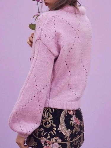 New Pink Cut Out Round Neck Long Sleeve Going out Pullover Sweater
