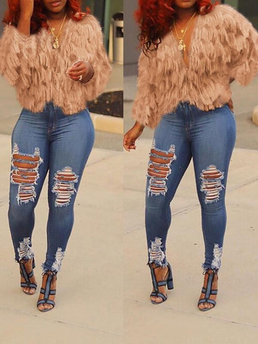New Light Red Tassel Long Sleeve Fuzzy Fur Teddy Casual Outerwear