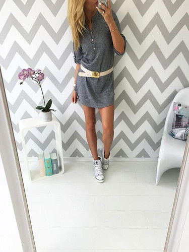 New Grey Buttons V-neck Long Sleeve Fashion Mini Dress