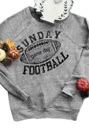 New Grey Monogram Football Print Round Neck Long Sleeve Casual Pullover Sweatshirt