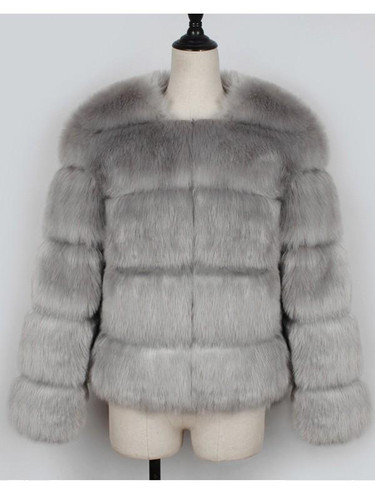 New Grey Faux Fur Round Neck Long Sleeve Fashion Coat