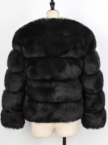 New Black Faux Fur Round Neck Long Sleeve Fashion Coat
