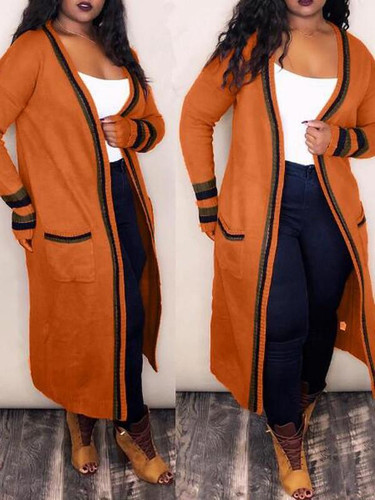 New Orange-Black Striped Pockets Long Sleeve Casual Cardigan Sweater