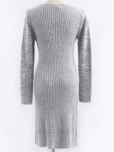New Grey Irregular V-neck Long Sleeve Casual Midi Dress