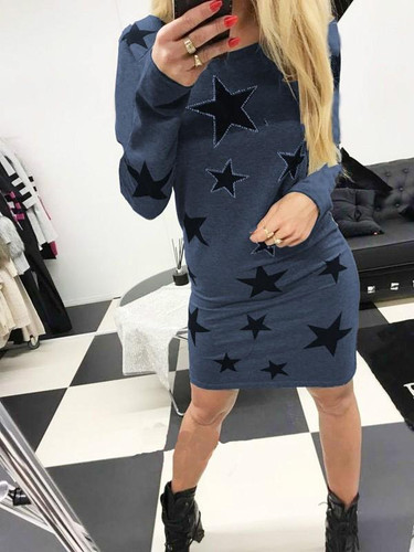 New Blue Galaxy Print Round Neck Long Sleeve Casual Mini Dress