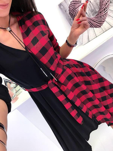 New Red Plaid Belt Irregular V-neck Long Sleeve Casual Midi Dress