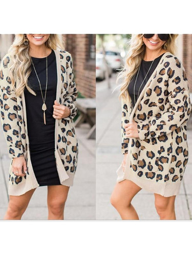 New Khaki Leopard Print Pockets Long Sleeve Casual Cardigan Sweater New Khaki Leopard Print Pockets Long Sleeve Casual Cardigan Sweater