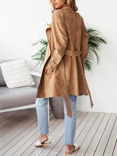 New Khaki Sashes Turndown Collar Pockets Zipper Oversized Casual Trench Coat