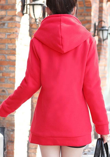 New Red Pockets Zipper Hooded Plunging Neckline Long Sleeve Cardigan Coat