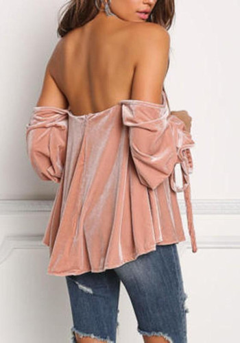 New Pink Drawstring Ruffle Boat Neck Long Sleeve Fashion Blouse