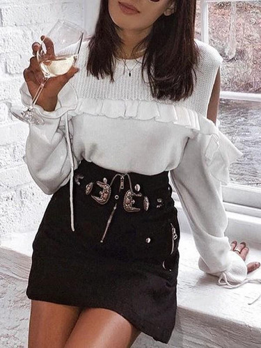 New White Ruffle Cut Out Round Neck Long Sleeve Casual Pullover Sweater