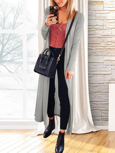 New Grey V-neck Casual Long Cardigan Sweater