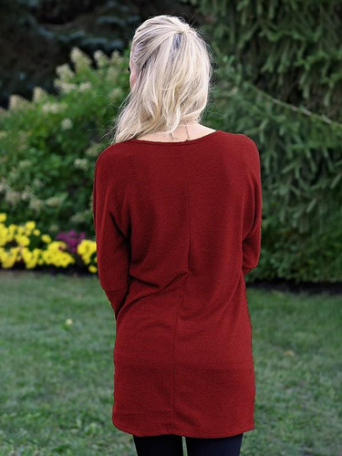 New Burgundy Irregular Loose Comfy Long Sleeve Round Neck Casual Fashion Mini Sweater Dress