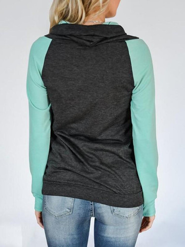 New Green-Black Patchwork Drawstring Cowl Neck Casual Pullover Sweatshirt